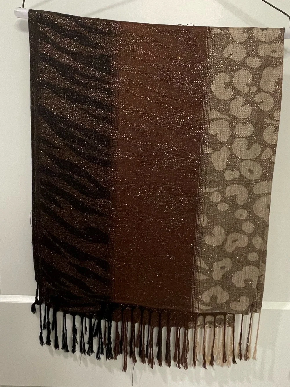 EUC Versatile Brown Patterned Fringe Scarf with animal print & textured panels